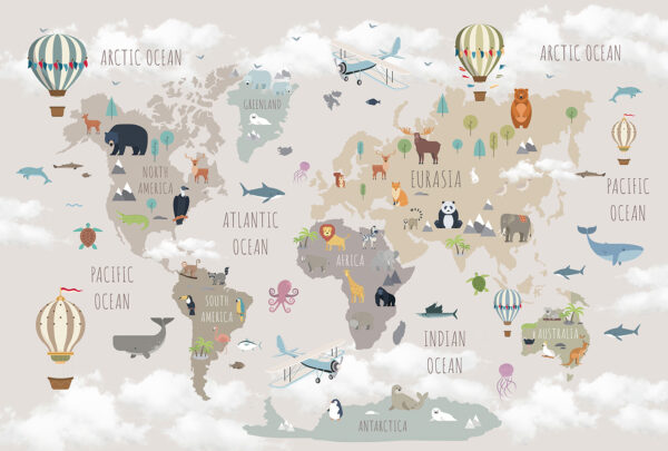 Wereldkaart met dieren en vogels Wereldkaart met dieren en vogels
