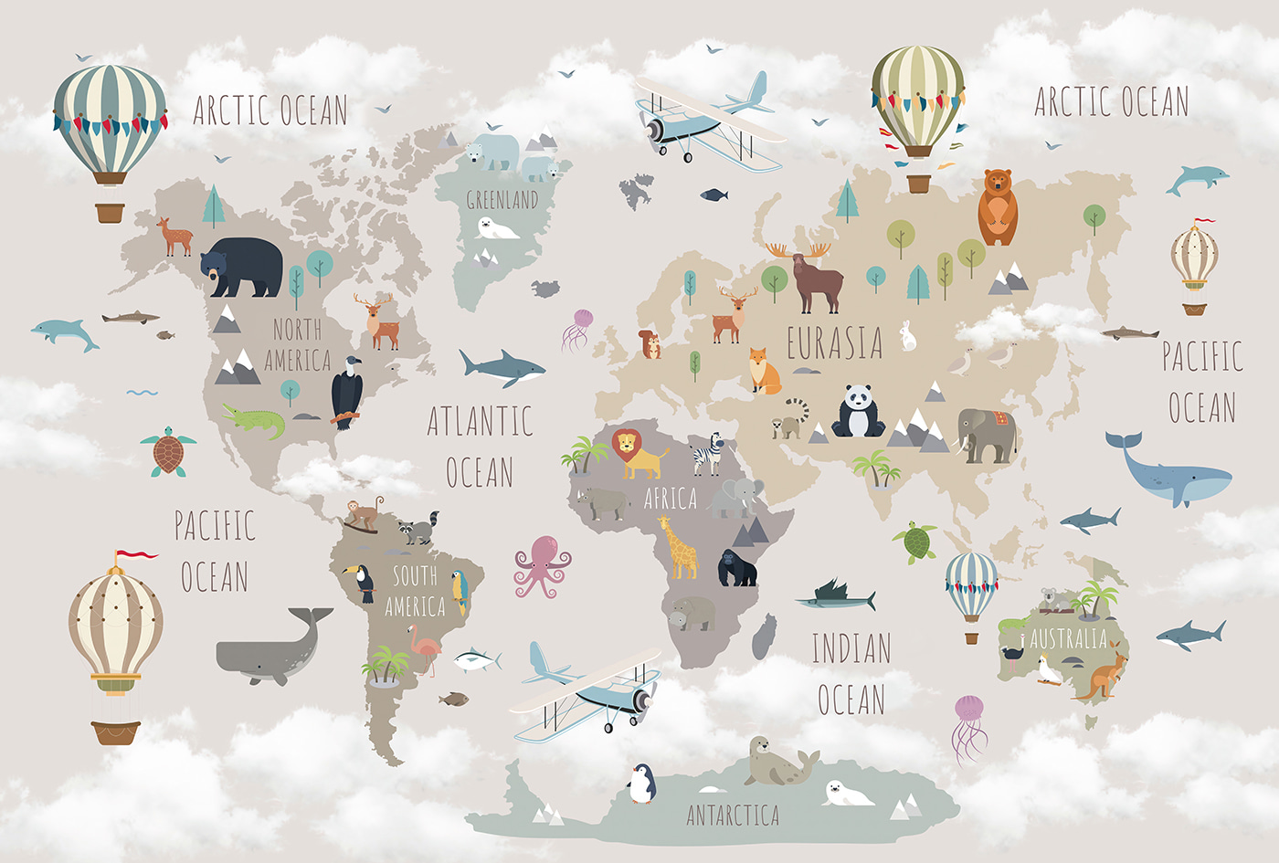 Map of the world with animals and birds