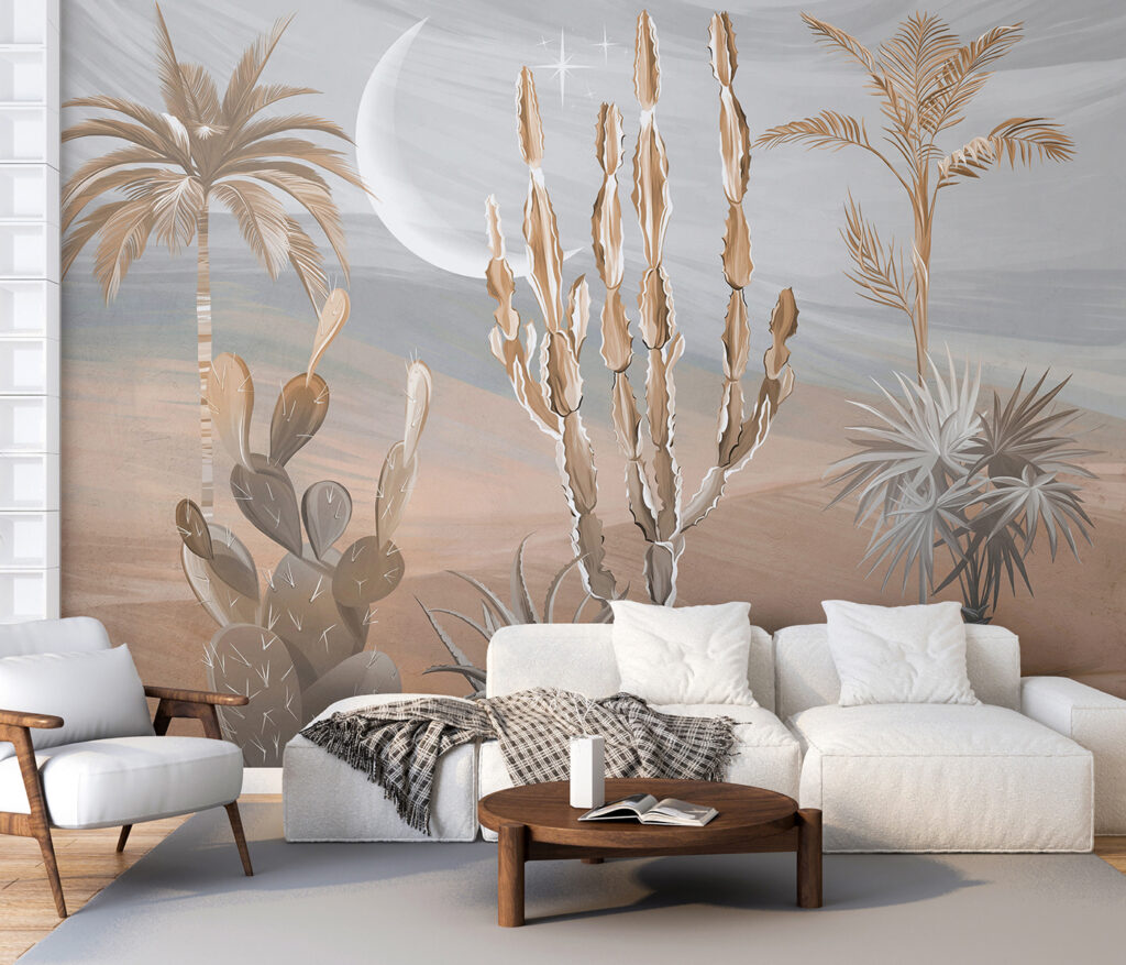 Desert landscape with cactus and palm trees Desert landscape with cactus and palm trees