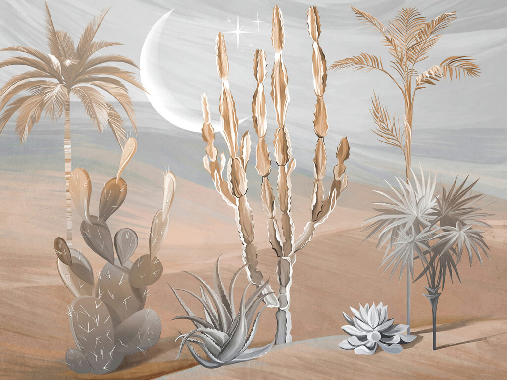 Woestijnlandschap met cactussen en palmbomen Woestijnlandschap met cactussen en palmbomen