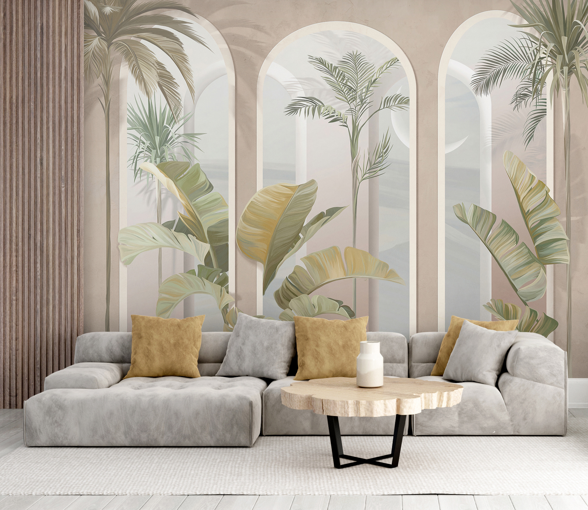 Wall mural of a room with palm trees