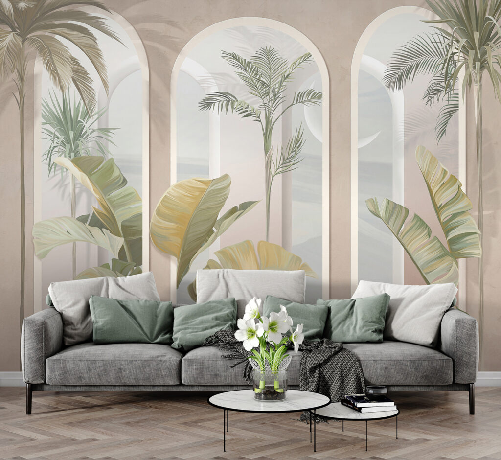 Wall mural of a room with palm trees