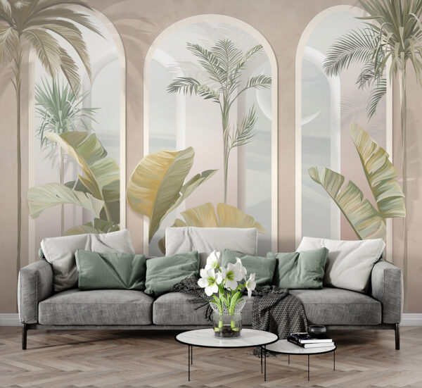 Muurschildering van een kamer met palmbomen Muurschildering van een kamer met palmbomen