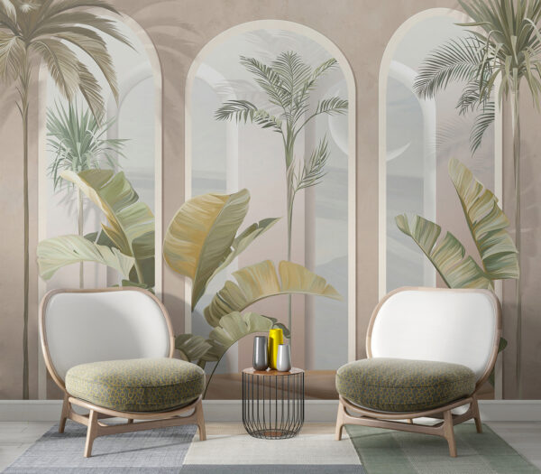 Muurschildering van een kamer met palmbomen Muurschildering van een kamer met palmbomen