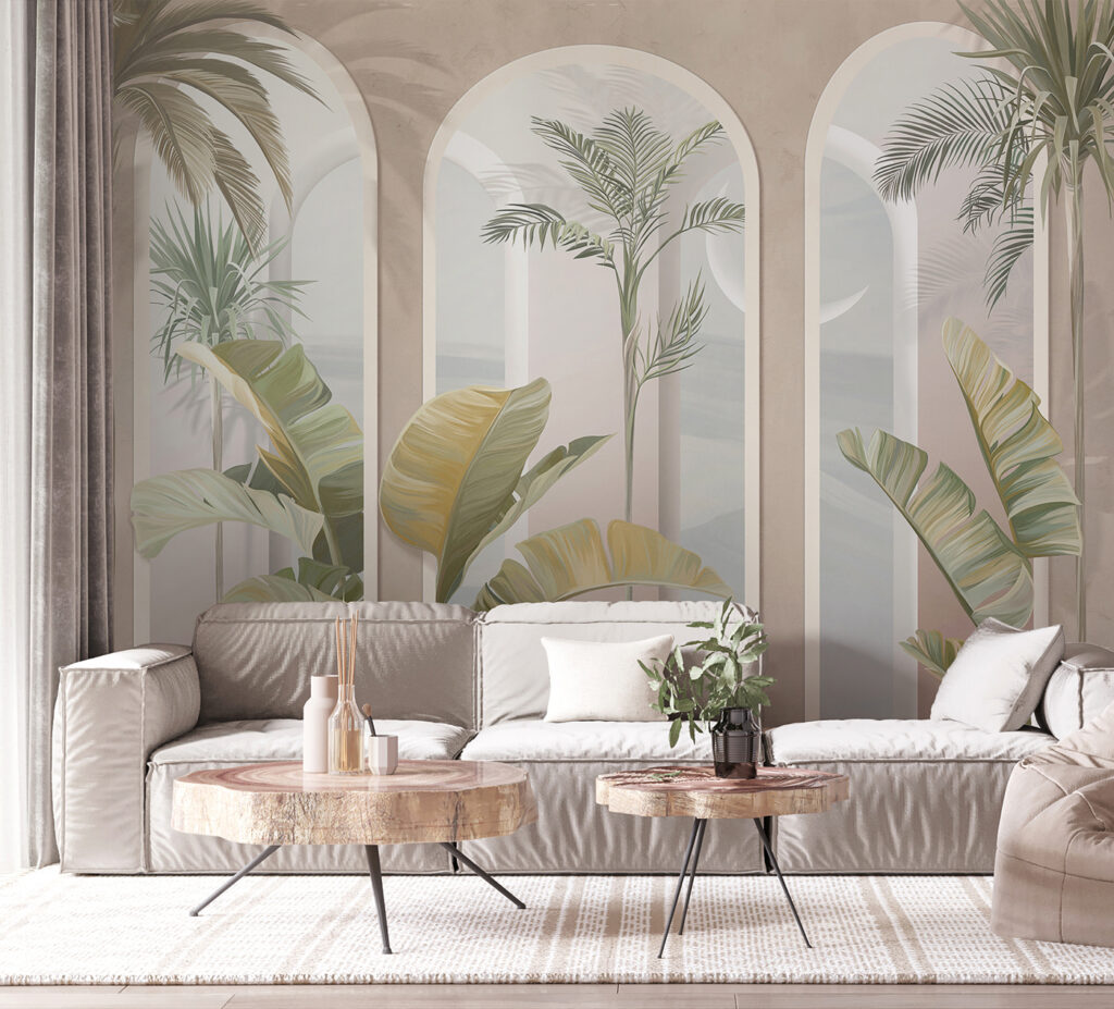 Wall mural of a room with palm trees