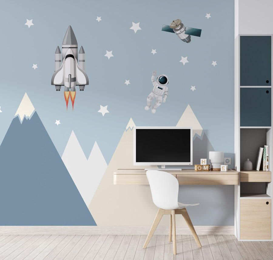 Space shuttle en astronaut in de lucht