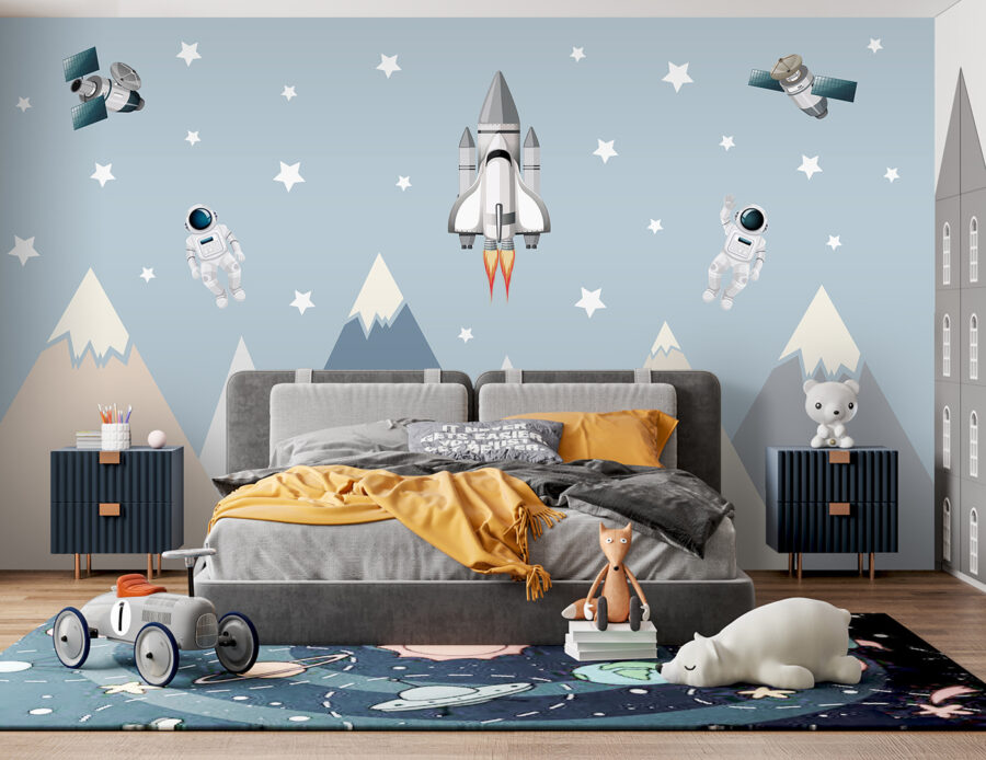 Space shuttle en astronaut in de lucht