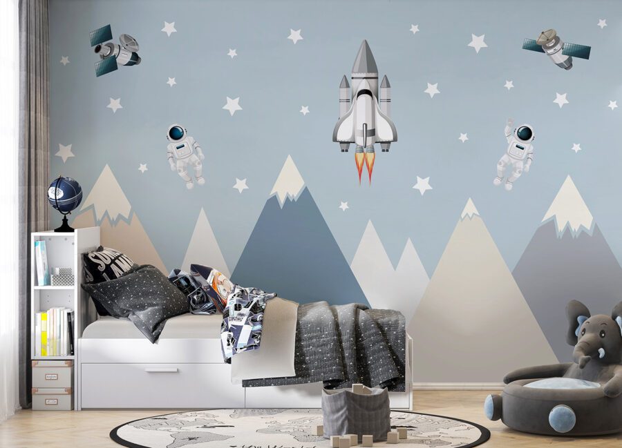 Space shuttle en astronaut in de lucht