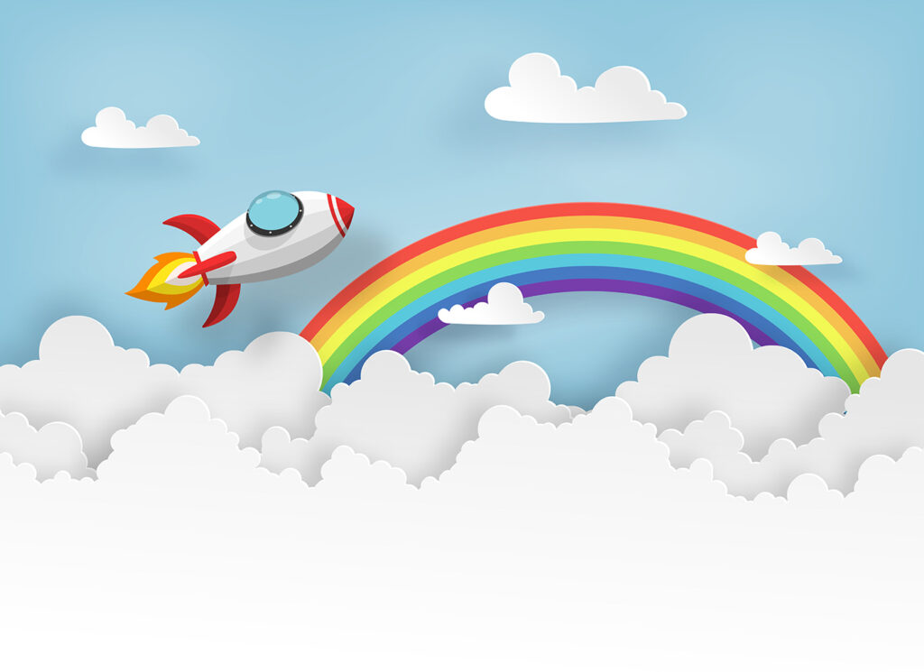 Rocket flying in the sky with clouds and rainbow