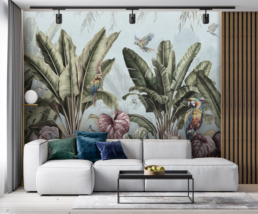Behang met tropische planten en vogels