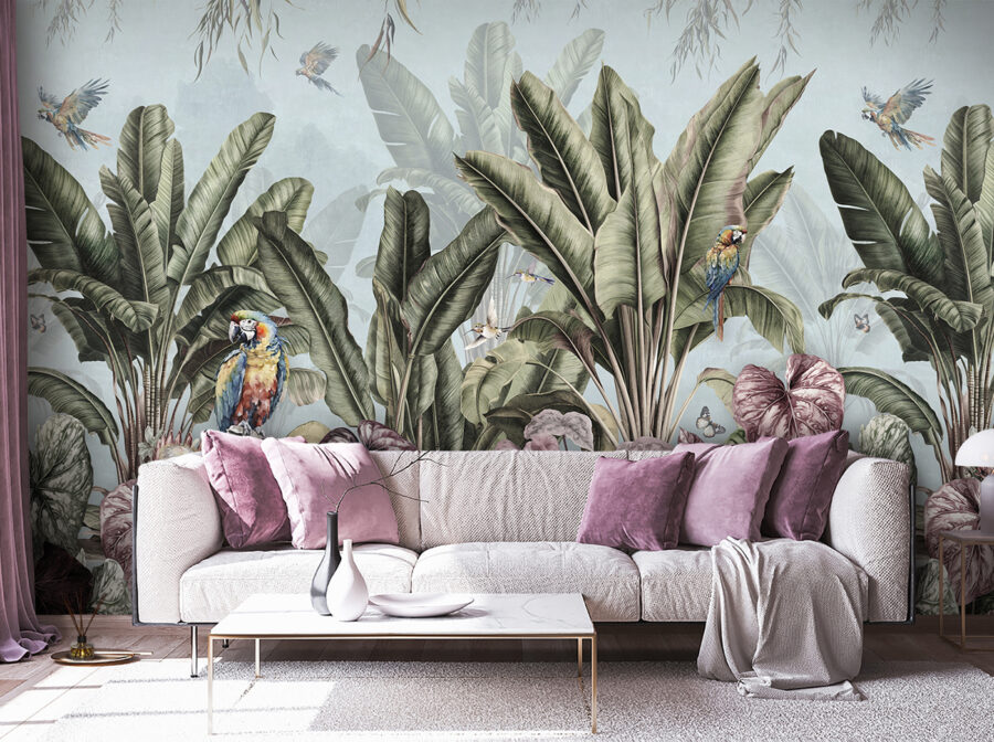 Behang met tropische planten en vogels