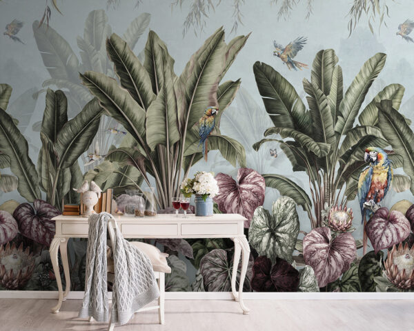 Behang met tropische planten en vogels Behang met tropische planten en vogels