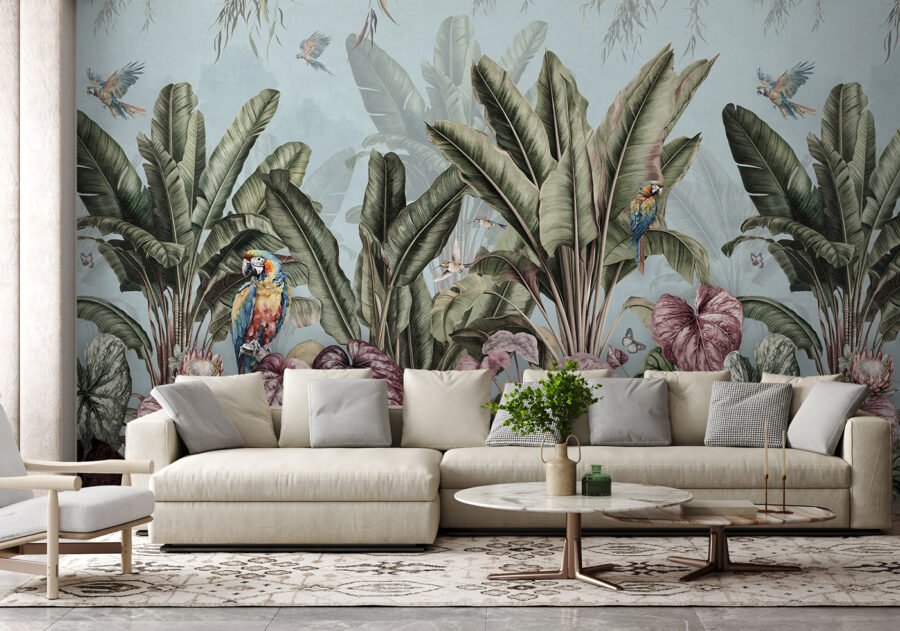 Behang met tropische planten en vogels