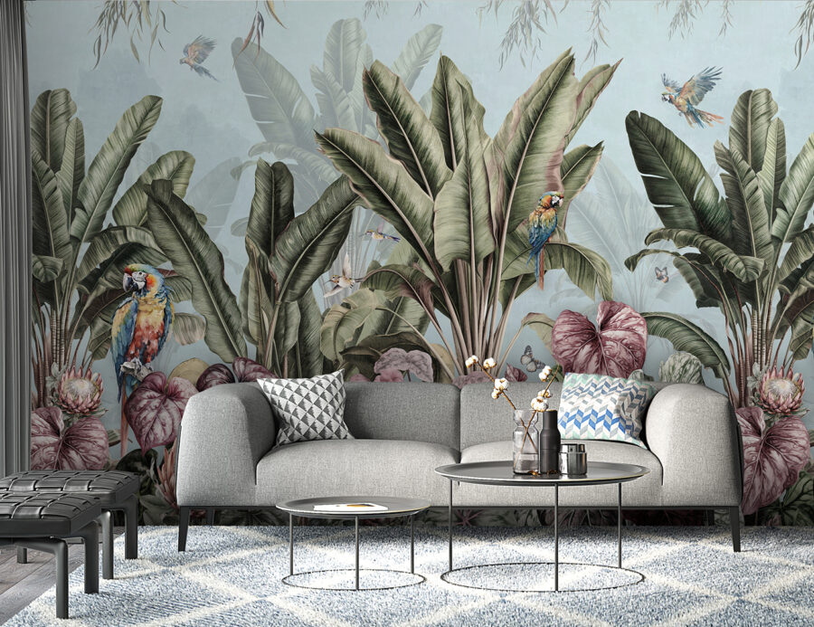 Behang met tropische planten en vogels
