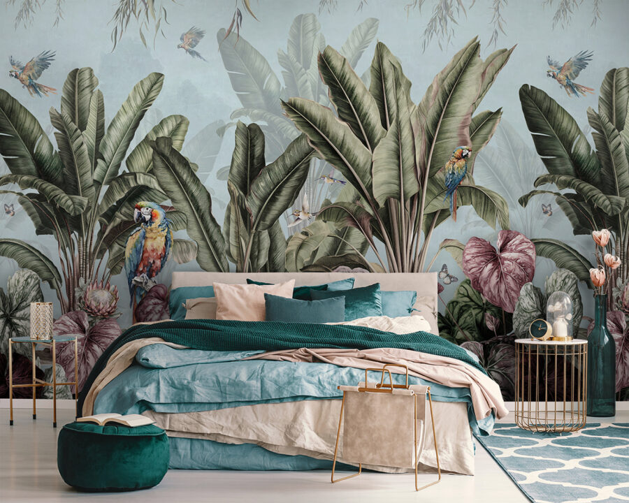 Behang met tropische planten en vogels