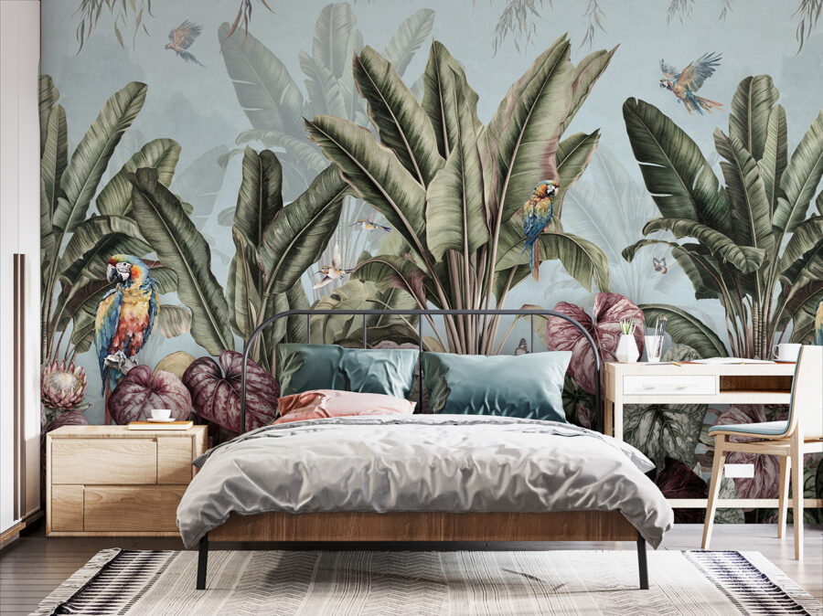 Behang met tropische planten en vogels