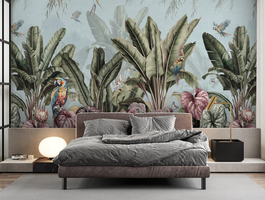 Behang met tropische planten en vogels