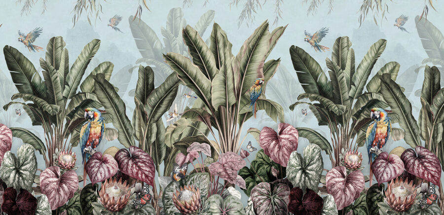 Behang met tropische planten en vogels
