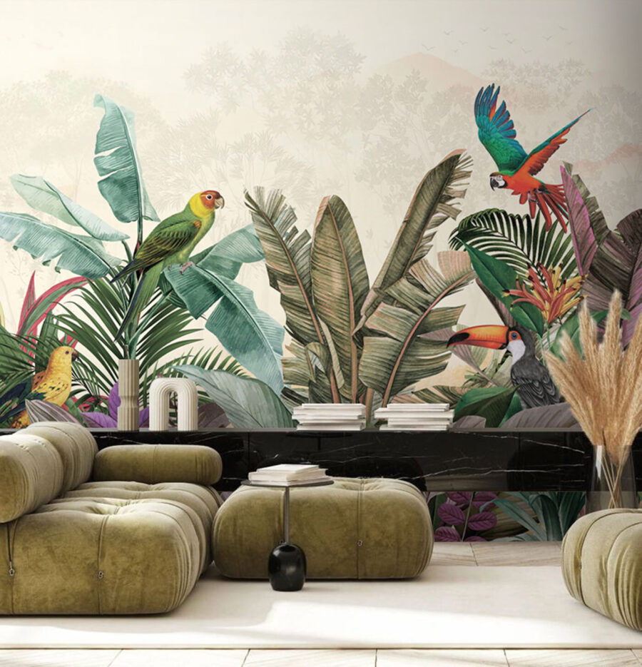 Groep vogels en planten