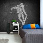 Fotobehang Tekening van een astronaut op een skateboard