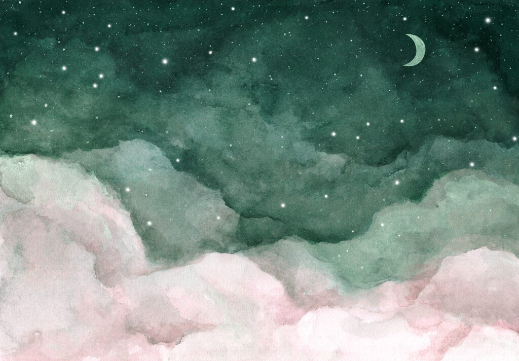 A moon and clouds in the night sky