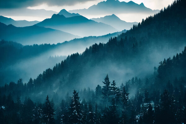 Bergketen met bomen en mist Bergketen met bomen en mist