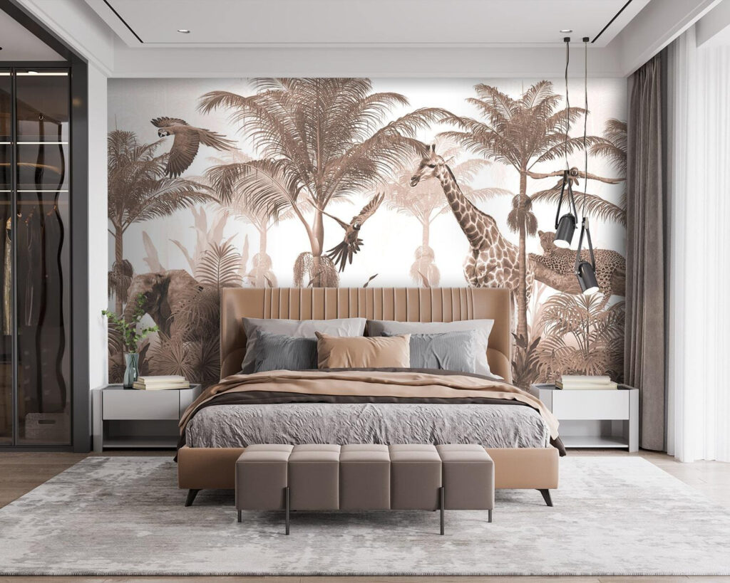 Giraffes and a parrot in a forest Giraffes and a parrot in a forest