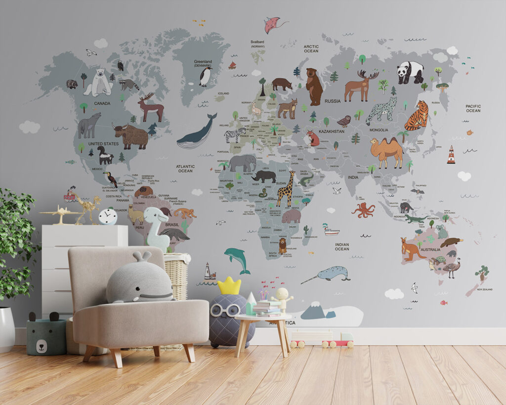Map of the world with animals Map of the world with animals