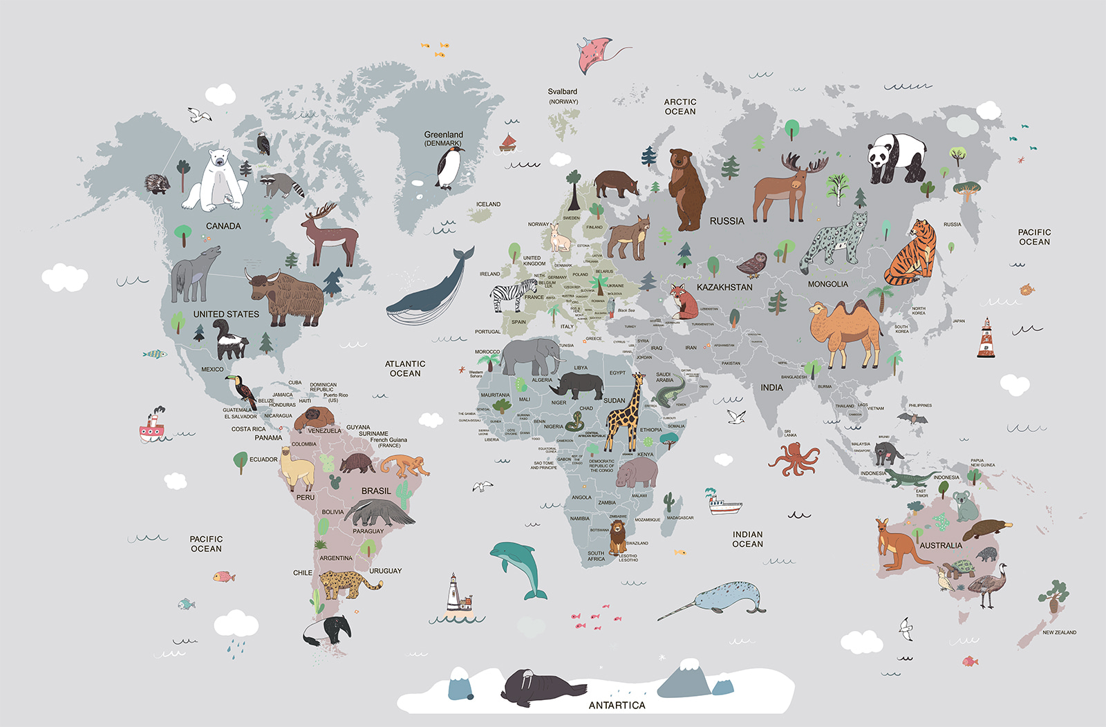 Map of the world with animals Map of the world with animals