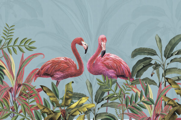 Twee roze flamingo's en groene bladeren Twee roze flamingo's en groene bladeren