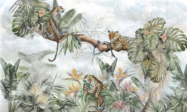 Schilderij van een groep cheeta's op een boomtak Schilderij van een groep cheeta's op een boomtak