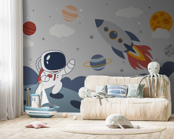 Tekening van een astronaut die op een planeet loopt met een raket in de lucht Tekening van een astronaut die op een planeet loopt met een raket in de lucht