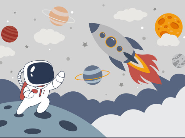 Tekening van een astronaut die op een planeet loopt met een raket in de lucht Tekening van een astronaut die op een planeet loopt met een raket in de lucht