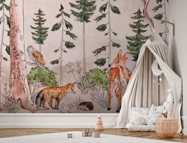 Muurschildering met dieren en bomen Muurschildering met dieren en bomen