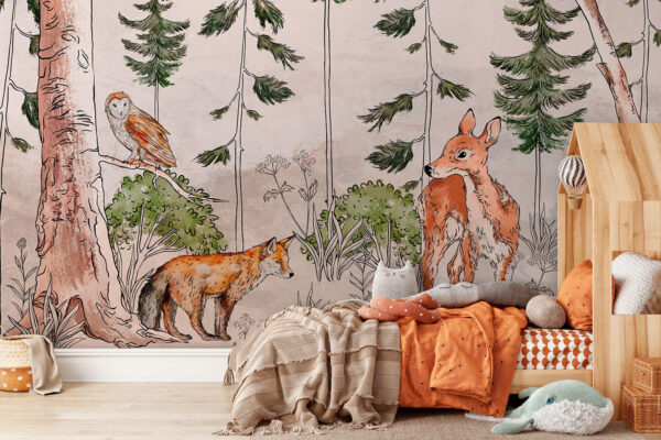 Muurschildering met dieren en bomen Muurschildering met dieren en bomen