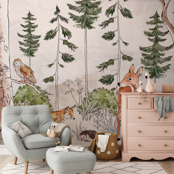 Muurschildering met dieren en bomen Muurschildering met dieren en bomen