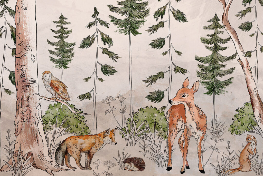 Muurschildering met dieren en bomen Muurschildering met dieren en bomen