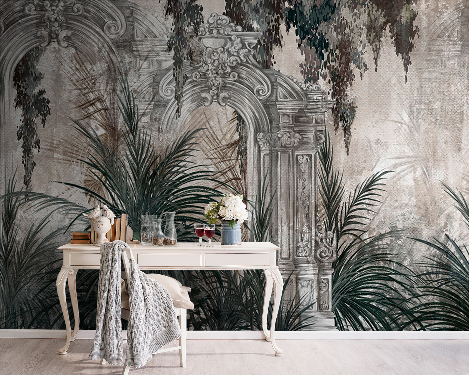 Painting of a stone arch with plants Painting of a stone arch with plants