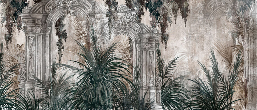 Schilderij van een stenen boog met planten