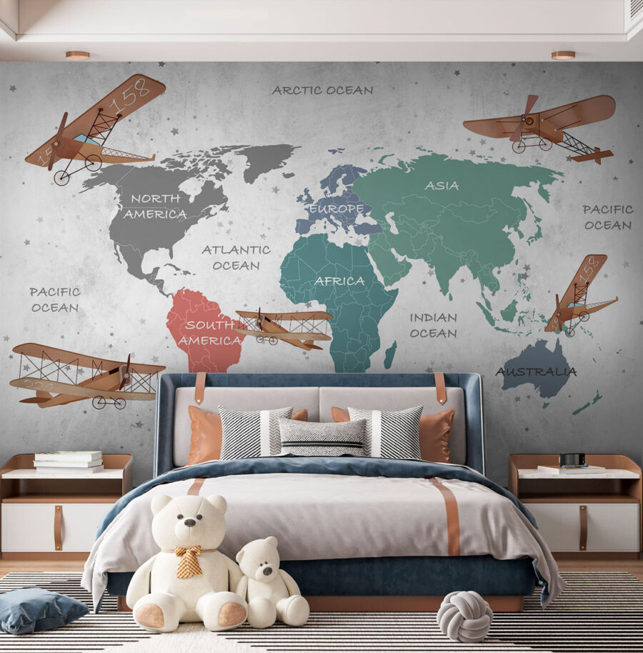 Fotobehang Wereldkaart met vliegtuigen