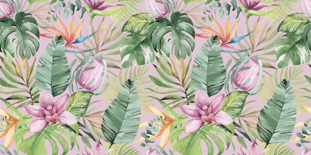 Patroon van tropische bladeren en bloemen Patroon van tropische bladeren en bloemen