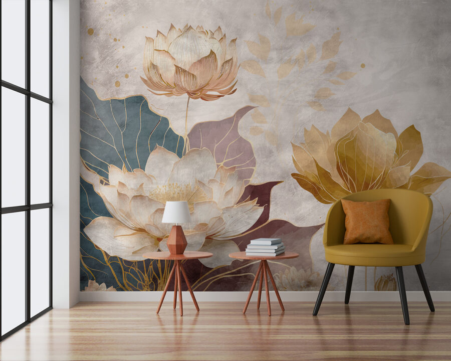 Schilderij van bloemen en bladeren Schilderij van bloemen en bladeren