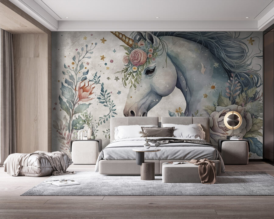 Eenhoorn met bloemen en bladeren