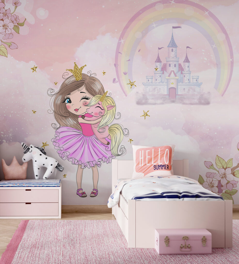 Cartoon of a girl hugging a little girl in a pink dress Cartoon of a girl hugging a little girl in a pink dress