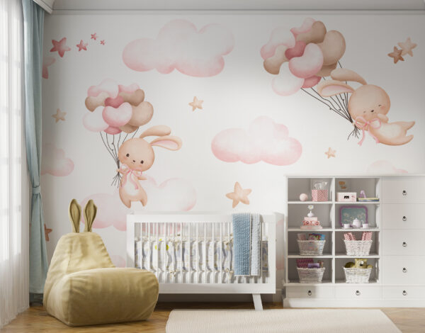 Groep roze wolken en een konijn met ballonnen Groep roze wolken en een konijn met ballonnen