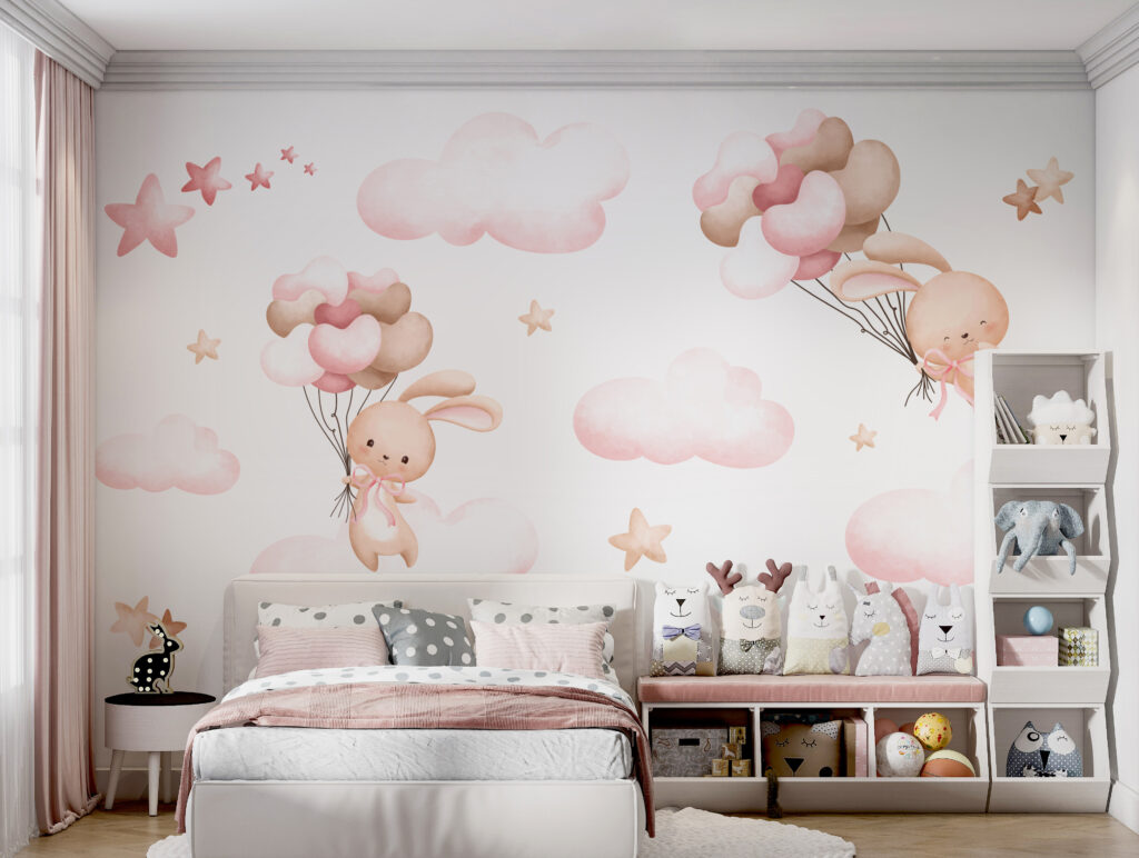 Group of pink clouds and a bunny holding balloons Group of pink clouds and a bunny holding balloons