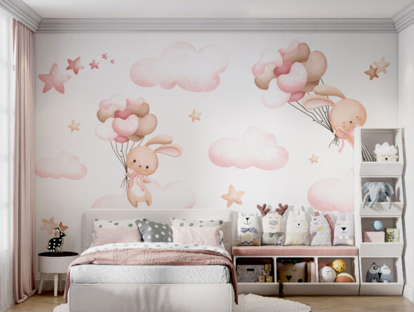 Groep roze wolken en een konijn met ballonnen Groep roze wolken en een konijn met ballonnen