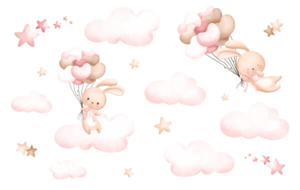 Groep roze wolken en een konijn met ballonnen Groep roze wolken en een konijn met ballonnen