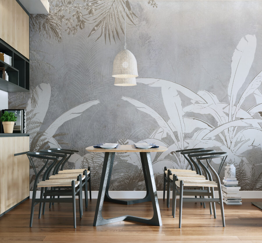 Wit en grijs behang met planten