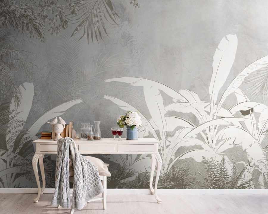 Wit en grijs behang met planten